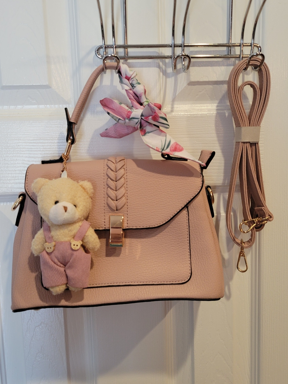 Chic Blush Top-Handle Satchel Bag with Teddy Charm